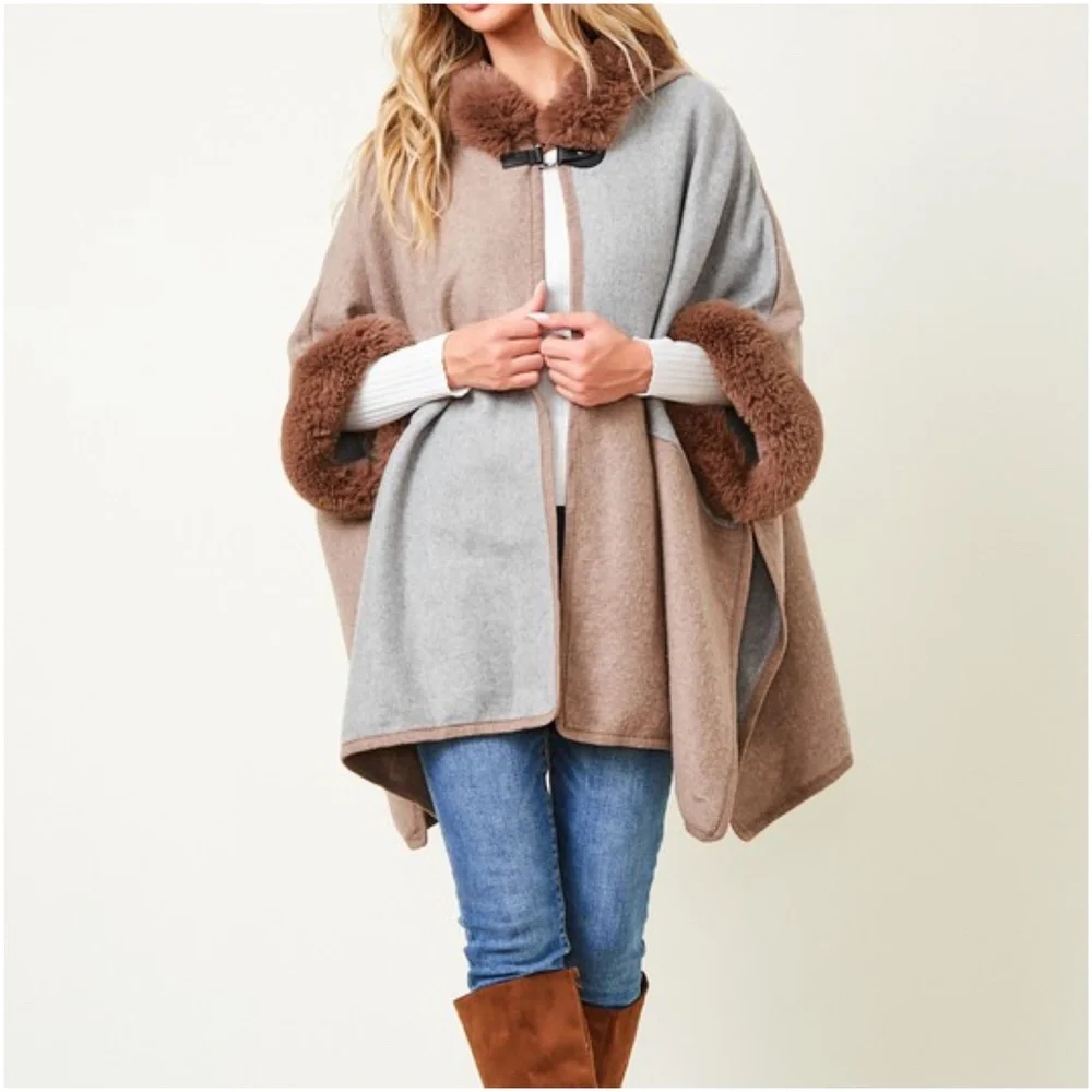 035 Cozy Vegan Fur Color Block Hoodie Jacket Coat - Picture 4 of 6